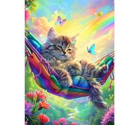 GDYEEH DIY 5D Hammock Cat Diamond Art Kits, Round Full Drill Sparkling Butterfly Diamond Painting Picture, Rainbow Painting by Numbers Art Kits for Adults Beginners Home Wall Decor 12x16 inch