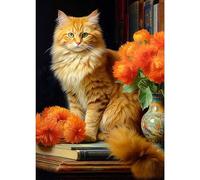 GDYEEH DIY 5D Orange Cat Diamond Art Kits, Round Full Drill Sparkling Flowers Diamond Painting Picture, Vintage Diamond Painting Art Kits Craft for Adults Beginners, Home Wall Decor 12x16 inch