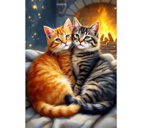 GDYEEH DIY Couple of Cats 5D Diamond Art Kits, Round Full Drill Sparkling Lovers Diamond Painting Picture, Fireplace Painting by Numbers Art Kits for Adults Beginners Home Wall Decor 12x16 inch