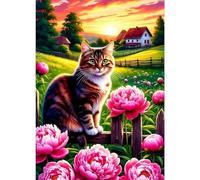 GDYEEH DIY Peonies Flowers 5D Diamond Art Kits, Round Full Drill Sparkling Sunset Diamond Painting Picture, Cute Cat Painting by Numbers Art Kits for Adults Beginners Home Wall Decor 12x16 inch