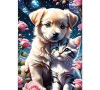 GDYEEH Puppy and Kitten Diamond Art Painting Kits, 5D DIY Flowers Full Round Drill Sparkling Diamond Painting Picture, Diamond Painting Art Craft Kits for Adults Beginners Home Wall Decor 30x40cm