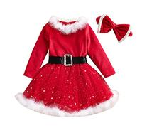 Geagodelia 2 Pezzi Vestito da Bambina Vestito Carino Elegante Maniche a Mosca Colletto in Peluche + Fascia per Capelli Set alla Moda Casual Natale Festa (Rosso H, 12-18 Mesi)