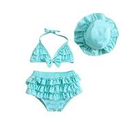 Geagodelia 3 Pezzi Costume da Bagno Bambina Bikini Set Neonata Spiaggia Top Senza Maniche+Pantaloncini+Cappello Costume da Mare Piscina Bimba Estate (Blu Lago, 6-12 Months)