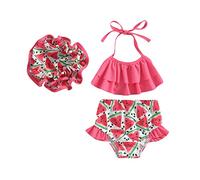 Geagodelia 3 Pezzi Costume da Bagno Bambina Bikini Set Neonata Spiaggia Top Senza Maniche+Pantaloncini+Cappello Costume da Mare Piscina Bimba Estate (Rosso, 3-4 Years)
