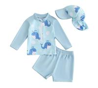 Geagodelia 3 Pezzi Costume da Bagno Bambino Set Costumi Bagno Neonato Mare Spiaggia Top Manica Lunga con Zip Stampa Pesce+Pantaloncini+Cappello (Blu Cielo, 6-12 Months)