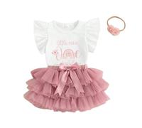 Geagodelia 3 Pz Completini Neonata Compleanno Manica Corta/Lunga Pagliaccetto A-Line Tutu Gonna Tulle Battesimo Festa Abito da Principessa con Fascia (Bianco, 12-18 mesi)