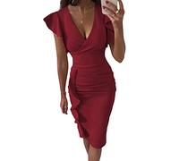Geagodelia Abito da Donna Elegante con Manica Corta Abito Corto Donna Estivo con Scollo a V Profondo in Tinta Unita Abito Donna Cocktail da Sera (Vino Rosso, M)