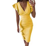Geagodelia Abito da Donna Elegante con Manica Corta Abito Corto Donna Estivo con Scollo a V Profondo in Tinta Unita Abito Donna Cocktail da Sera (Giallo, S)