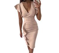 Geagodelia Abito da Donna Elegante con Manica Corta Abito Corto Donna Estivo con Scollo a V Profondo in Tinta Unita Abito Donna Cocktail da Sera (Albicocca, XL)