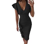 Geagodelia Abito da Donna Elegante con Manica Corta Abito Corto Donna Estivo con Scollo a V Profondo in Tinta Unita Abito Donna Cocktail da Sera (Nero, S)