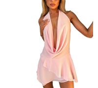 Geagodelia Abito da Donna Elegante Schiena Nuda Vestito da Cerimonia Scollo a V Mini Abito Sexy Vestito Corto da Donna Estivo Regalo (A Rosa, M)