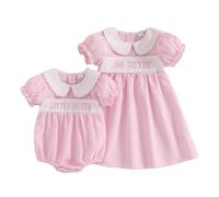 Geagodelia Baby Girls Little Sister Big Sister Abiti coordinati Neonato Bambino e Bambino Peter Pan Collare Manica Corta a sbuffo Abiti estivi a quadretti Baby Grow, Little Sister Rose a quadretti, 3