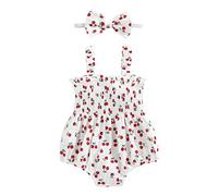 Geagodelia Body Neonata Estivo Ruffle Dreeveless La Cenerentola Sirenetta Abito Casualizza Trotette + Outfit della Fascia Tutina Bimba Pagliaccetti (B Bianco Ciliegia, 12-18 Months)