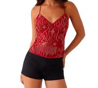 Geagodelia Canotta da Donna con Paillettes Elegante Canottiera con Ricamo di Paillettes Schiena Nuda Y2k Crop Top Estivo Regalo (Rosso, S)