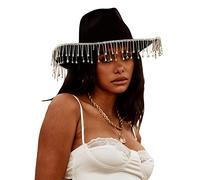 Geagodelia Cappello Cowboy da Donna Vintage con Catena di Cristallo Cappello Cow Boy con Paillettes per Cosplay Halloween Carnevale (A-Nero, One Size)