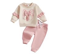 Geagodelia Completi Bambina 3D Bow Love Mamma Stampa Felpa Colore Solido Joggers Pantaloni Autunno Inverno Set di Vestiti Carino Neonata (Rosa, 0-6 mesi)