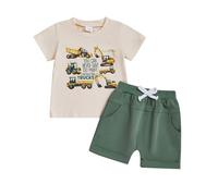 Geagodelia Completi Bambino Primavera Estate Top Manica Corta Trattore Stampa Lettera con Pantaloncini Solidi in Vita Elastico Set 2 Pz Vestiti per Ragazzini (Khaki Verde, 4-5 anni)
