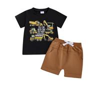 Geagodelia Completi Bambino Primavera Estate Top Manica Corta Trattore Stampa Lettera con Pantaloncini Solidi in Vita Elastico Set 2 Pz Vestiti per Ragazzini (Nero Marrone, 12-18 mesi)