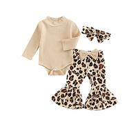 Geagodelia Completini 3 Pezzi Neonato Pagliaccetto e Pantaloni Svasati Stampa Leopardo e Fascia per Capelli Outfit Festa Del Papà Festa Della Mamma Sorella Vestiti Set (Apricot, 0-3 Months)