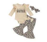 Geagodelia Completini 3 Pezzi Neonato Pagliaccetto e Pantaloni Svasati Stampa Leopardo e Fascia per Capelli Outfit Festa Del Papà Festa Della Mamma Sorella Vestiti Set (Sister, 12-18 Months)