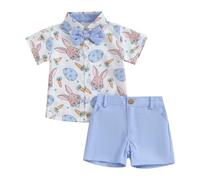 Geagodelia Completini e Coordinati Neonato Gentiluomo Estivo 2 Pezzi Camicia Bianco Stampa Floreale Maniche Corte con Fiocco + Pantaloncini Suit Formali Bambino (F Blu, F Blu)
