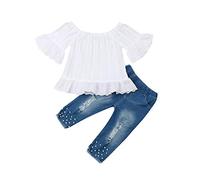 Geagodelia Completini Neonata Pagliaccetto Pizzo a Maniche Lunghe + Strappato Jeans Pantaloni Elegante Morbidi Set da Bambina Tutina Bimba Autunno Spring (A Bianco, 3-4 anni)