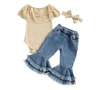 Geagodelia Completini Neonata Pagliaccetto Pizzo a Maniche Lunghe + Strappato Jeans Pantaloni Elegante Morbidi Set da Bambina Tutina Bimba Autunno Spring (C Beige, 3-6 mesi)