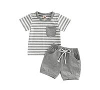 Geagodelia Completini Neonato Maglietta A Maniche Corte A Righe con Pantaloncini Elastici in Vita Completi Estivi Top Girocollo con Tasca (A Grigio, 18-24 Months)