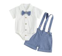 Geagodelia Completo da gentiluomo bebè maschio da 2 pezzi, body camicia a maniche corte + pantaloncini con bretelle, set da gentiluomo battesimo matrimonio cerimonia, blu, 6-12 Mesi
