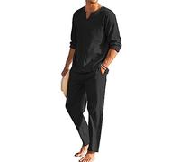 Geagodelia Completo Estivo da Uomo 2 Pezzi Casual per Spiaggia Tuta Completa Maglietta a Manica Lunga + Pantaloni con Coulisse Set Uomini (Nero, L)