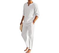 Geagodelia Completo Estivo da Uomo 2 Pezzi Casual per Spiaggia Tuta Completa Maglietta a Manica Lunga + Pantaloni con Coulisse Set Uomini (Bianco, XXL)