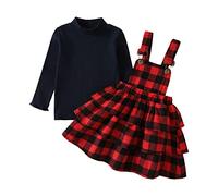 Geagodelia Completo Natalizio per Bambina 2 Pezzi Abito Neonata di Natale Top a Manica Lunga in Tinta Unita + Set di Vestiti con Bretelle a Quadri Vestito per Bambini Natale (Rosso, 3-4 Anni)