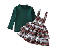 Geagodelia Completo Natalizio per Bambina 2 Pezzi Abito Neonata di Natale Top a Manica Lunga in Tinta Unita + Set di Vestiti con Bretelle a Quadri Vestito per Bambini Natale (Verde, 2-3 Anni)