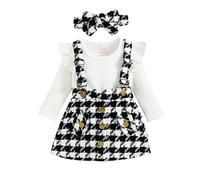Geagodelia Completo Neonata 3 Pezzi Elegante Tutina A Costine Maniche Lunghe+Abito con Bretelle a Quadri+Fascia Vestiti Carini Bambine Autunno Inverno (Nero Bianco, 6-12 Months)
