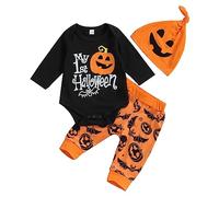 Geagodelia Completo Neonato Halloween 3 Pezzi Tutina a Maniche Lunghe+Pantaloni+Cappello Tuta Elegante Stampa Carina per Bambini 0-18Mesi (Nero, 12-18 Months)