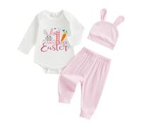 Geagodelia Completo pasquale per neonato con stampa coniglietto a maniche lunghe e pantaloni Baby My First Easter Outfit Set con cappello con orecchie da coniglietto, Bunny Carrot My 1st Easter Light