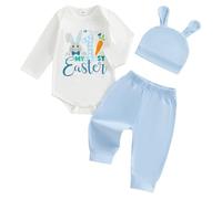 Geagodelia Completo pasquale per neonato con stampa coniglietto a maniche lunghe e pantaloni Baby My First Easter Outfit Set con cappello con orecchie da coniglietto, Bunny Carrot My 1st Easter