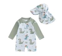 Geagodelia Costume da Bagno Intero per Neonato con Cappello Manica Lunga Zip Up Stampa Tartaruga/Dinosauro Costume da Bagno Un Pezzo Protezione Solare Nuotare (D Verde, 12-18 Mesi)