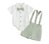 Geagodelia Costume da gentiluomo da bambino da 2 pezzi, body camicia a maniche corte + pantaloncini con bretelle, set da gentiluomo battesimo matrimonio cerimonia, verde, 0-3 Mesi