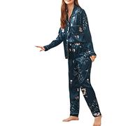 Geagodelia Eleganti Pigiama da Donna 2 Pezzi Manica Lunga con Bottoni Aperto Davanti Stampata a Righe Camicia + Pants Set Loungewear Pijamas Camicie da Notte (Blu Navy Floreale, M)