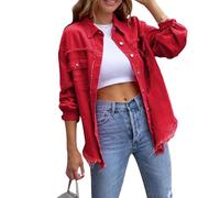 Geagodelia Giacca di Jeans da Donna Casual Giacca Strappata in Denim Button Down Boyfriend Jeans Jacket Giubbino Jeans Donna (Rosso, L)