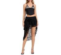 Geagodelia Gonna Estiva in Pizzo a Vita Alta Gonna Asimmetrica con Orlo Arricciato Gonna Elegante A-Line Midi (B Nero, One Size)