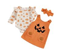 Geagodelia Halloween Neonata Ragazza Vestiti Set Manica Lunga Body e Vestito Senza Maniche My First Halloween Outfits con Fascia, Velluto a coste Zucca Arancione, 6-12 Months
