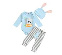 Geagodelia Neonato Bambino Ragazza Il Mio Primo Pagliaccetto Di Pasqua Vestito Manica Lunga Coniglio + Pantaloni + Cappello Orecchio, Azzurro, 6 mesi