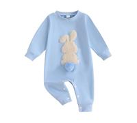 Geagodelia Neonato Bambino Ragazza Pasqua Outfit Teddy Pile Ricamato Coniglietto Manica Lunga Pagliaccetto My First Easter Baby Grow Vestiti Del Bambino di Pasqua, Tutina Azzurro, 6-12 Months
