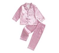 Geagodelia Pigiama da bambina in raso, a maniche lunghe, stampa floreale/fragola, collo con risvolto, bottoni, top con pantaloni elastici, abbigliamento da notte per bambine, Viola, 4-5 Years