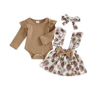 Geagodelia Set Gonne Bambine Pagliaccetto Maniche Lunghe con Stampa Floreale Gonna a Bretella e Fascia per Capelli Vestiti Set Autunnale Abito Neonata Cerimonia Battesimo (Marrone, 0-3 Months)