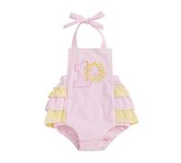 Geagodelia Tutina Neonata 1 ° Compleanno Romper Lettera Ricamo Jumpsuit Volant manica Button-up Body Pageant Battesimo Vestiti con Fiocco Fascia (Rosa Sole, 6-12 mesi)