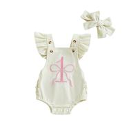 Geagodelia Tutina Neonata 1 ° Compleanno Romper Lettera Ricamo Jumpsuit Volant manica Button-up Body Pageant Battesimo Vestiti con Fiocco Fascia (Khaki Chiaro, 12-18 mesi)