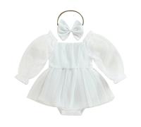 Geagodelia Tutina Neonata Manica Lunga Abito Principessa Bambina a Rete in Tulle Patchwork Body Bimba con Fascia con Fiocco Compleanno Festa (Bianco, 6-12 Months)